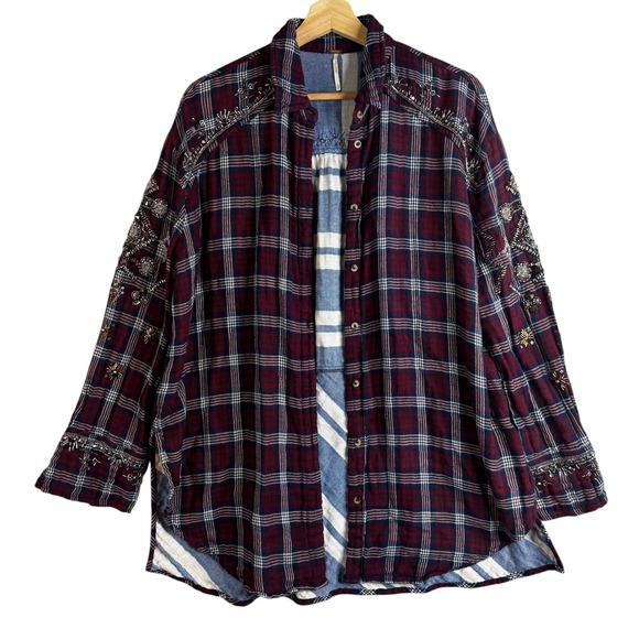 Free People Downtown Romance Embellished Plaid Shirt Red Navy Blue Beaded Boho M - Picture 1 of 8